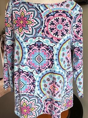Talbots Blue Pink Patterned Long-Sleeve Medallion Tee -XL